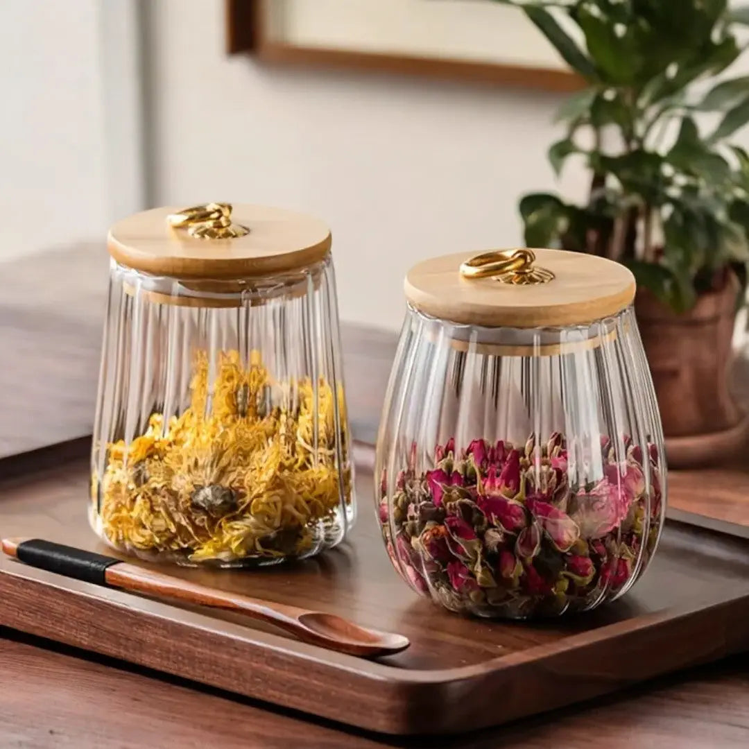 Glass Canister with Wooden Lid for Pantry Organization Kitchen Counter Storage Jar for Coffee Beans Loose Leaf Tea Dried Herbs Snacks Clear