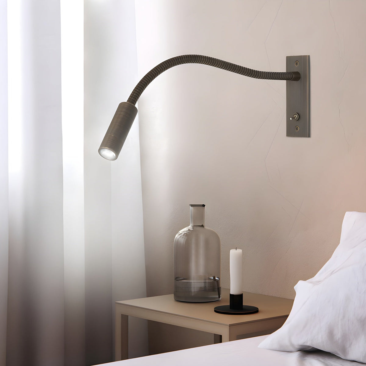 Adjustable LED Reading Light Wall Mount Black Metal Gooseneck Arm Sconce for Bedroom Nightstand Study Desk Task Lighting Modern Minimalist S