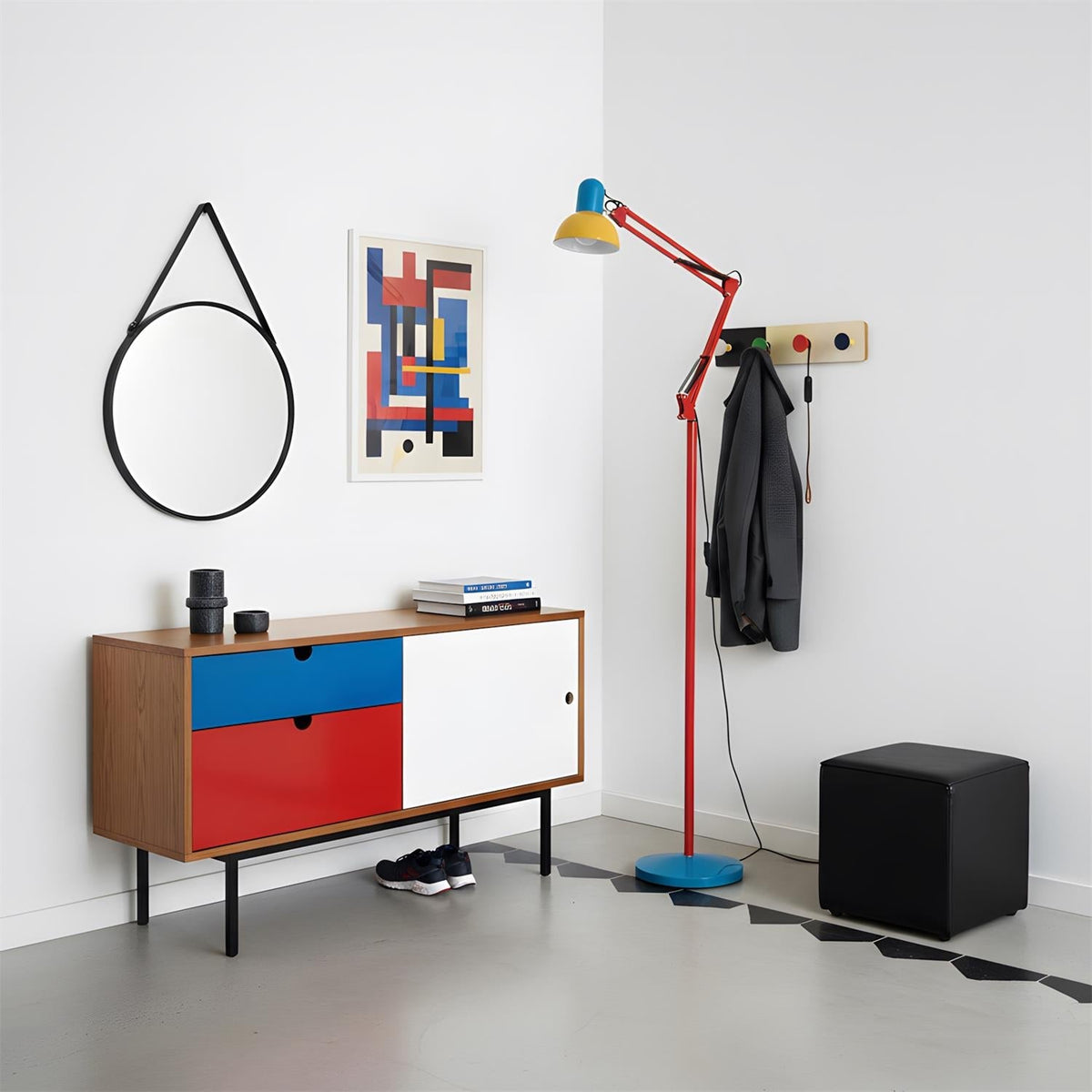 Articulated Task Lamp Standing Light 74 Inches Tall Posable Metal Reading Lamp Blue Red Yellow Colorful Modern Accent for Living Room Office