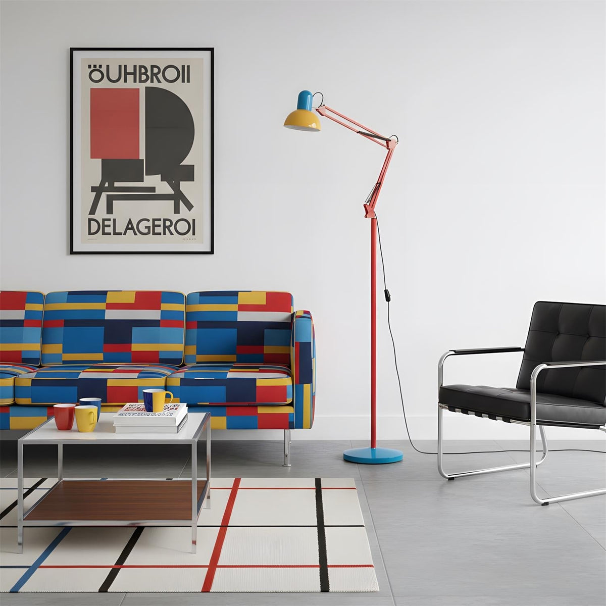 Articulated Task Lamp Standing Light 74 Inches Tall Posable Metal Reading Lamp Blue Red Yellow Colorful Modern Accent for Living Room Office