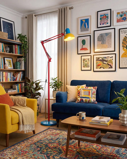Articulated Task Lamp Standing Light 74 Inches Tall Posable Metal Reading Lamp Blue Red Yellow Colorful Modern Accent for Living Room Office