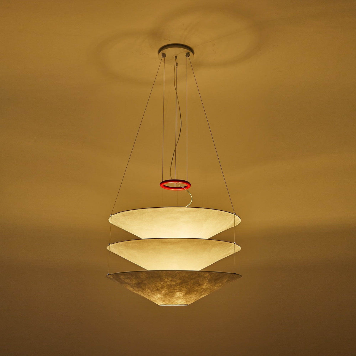 Circular Hoop Hanging Lamp with Textured Shades Red 30-Inch Fixture for Island & Table Lighting