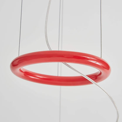 Circular Hoop Hanging Lamp with Textured Shades Red 30-Inch Fixture for Island & Table Lighting