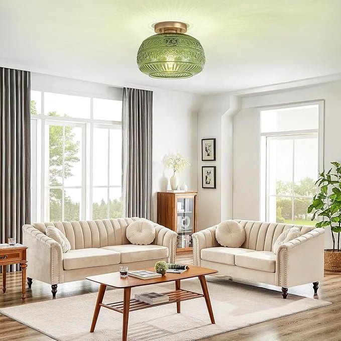 Glass Semi-Flush Ceiling Fixture – 9 in Dome Shade in Amber, Clear or Green for Bedrooms, Entryways & Low Ceilings