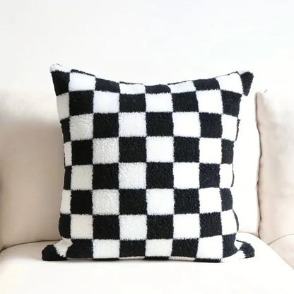 Flora Cushion Cover - Plush Faux Fur, Checkered Design for Sofa