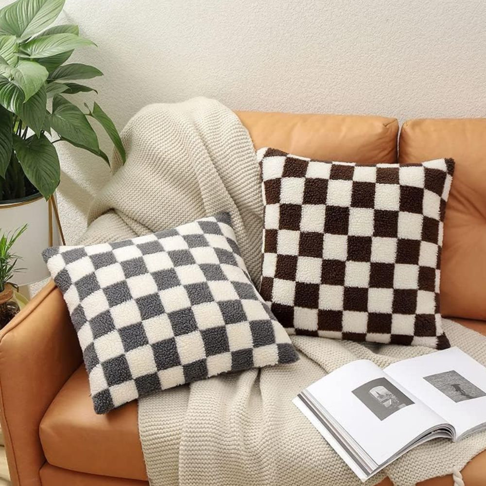 Flora Cushion Cover - Plush Faux Fur, Checkered Design for Sofa