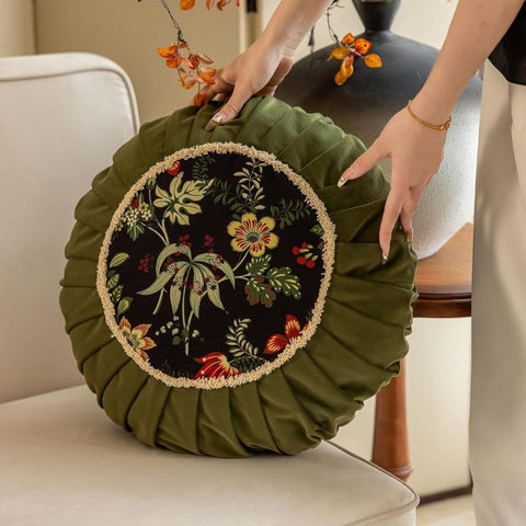 Coussin rond Fiora - Velours microfibre, motif floral
