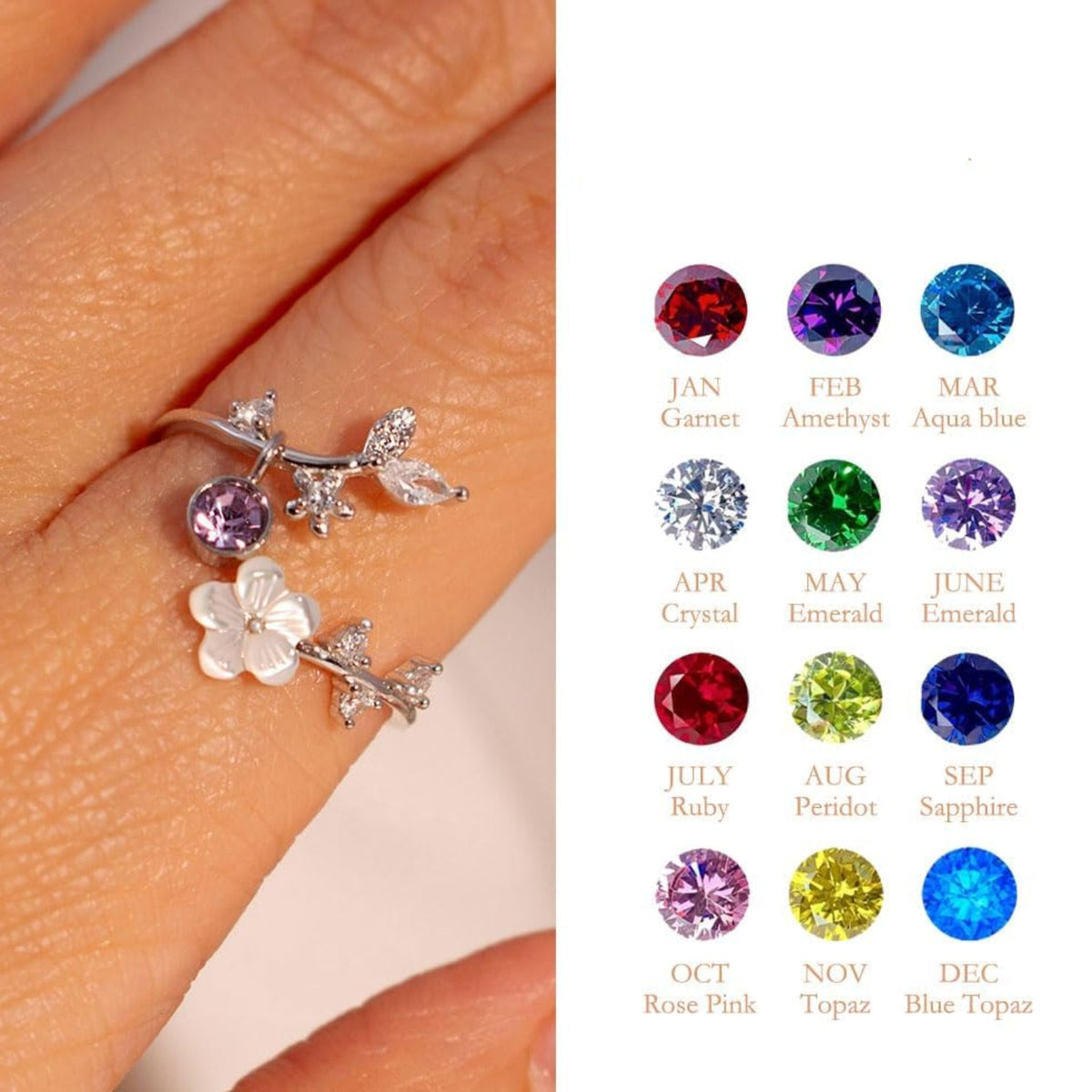 Floral Birthstone Ring | Adjustable Cubic Zirconia Design for Everyday Elegance