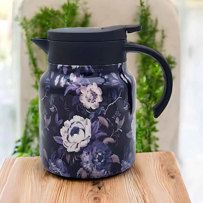 Insulated Stainless Steel Tea Pot with Removable Infuser for Loose Leaf Tea, Drip-Free Spout, One-Hand Pour Mechanism, Decorative Floral Des