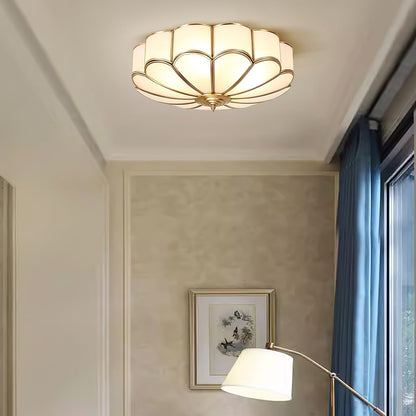 Flush Mount Glass Shade Fixture with Brass Frame Round Design for Entryway Kitchen Bedroom Ambient Overhead Lighting Home Décor