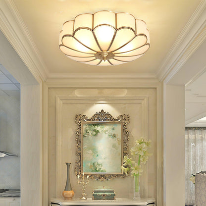 Gold Flush Mount Light Fixture Round Glass Shade Brass Frame Diffused Glow for Entryway Dining Room Bedroom LED Compatible Multi-Bulb