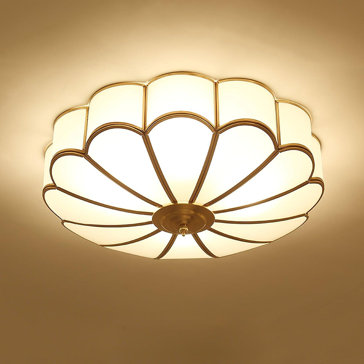 Gold Flush Mount Light Fixture Round Glass Shade Brass Frame Diffused Glow for Entryway Dining Room Bedroom LED Compatible Multi-Bulb