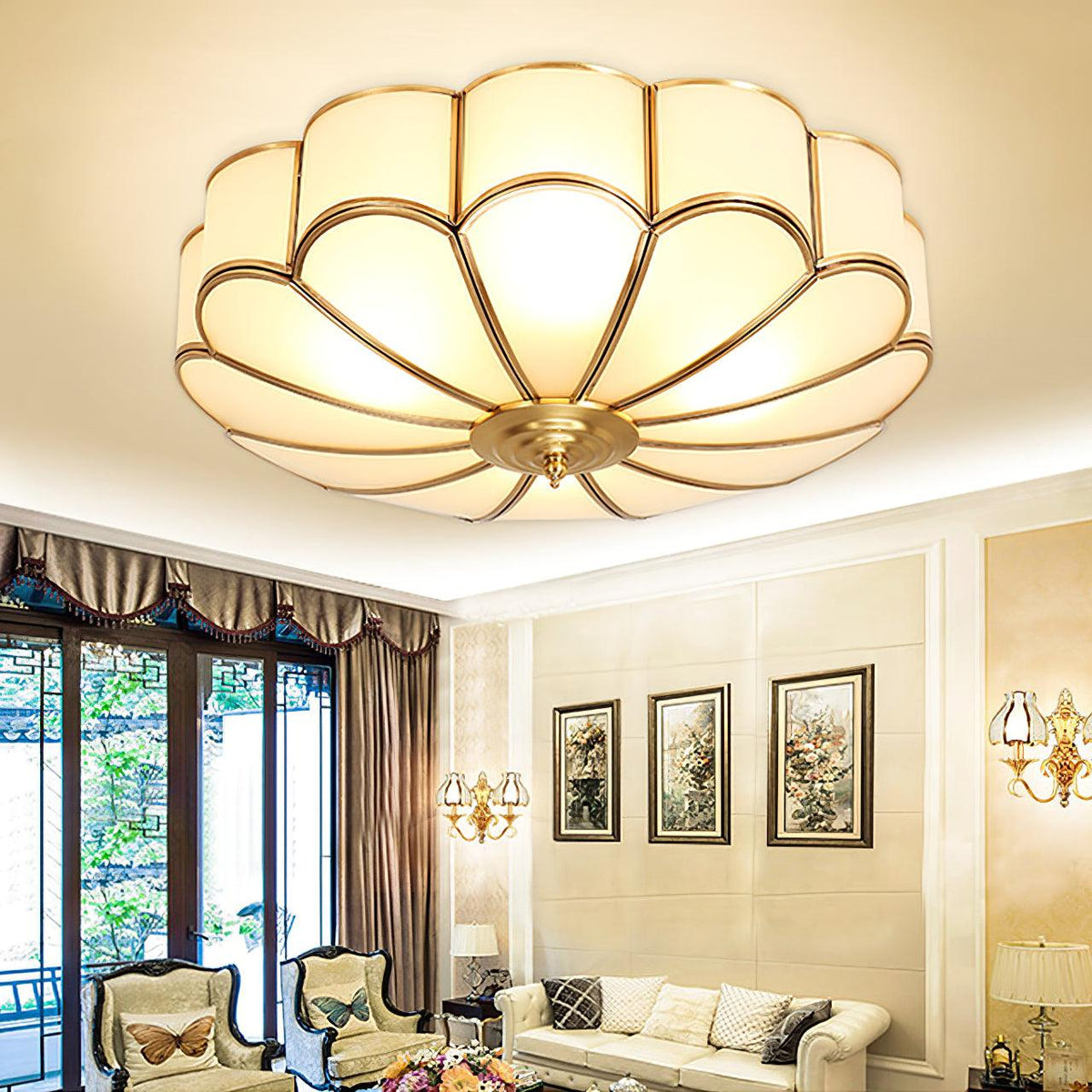 Flush Mount Glass Shade Fixture with Brass Frame Round Design for Entryway Kitchen Bedroom Ambient Overhead Lighting Home Décor