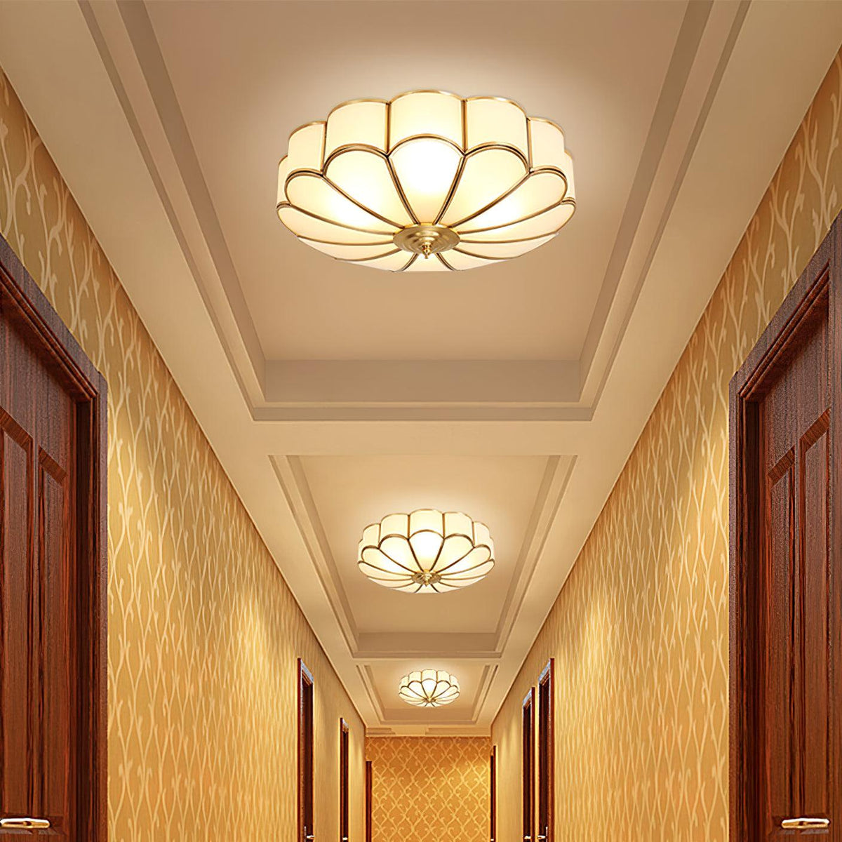 Flush Mount Glass Shade Fixture with Brass Frame Round Design for Entryway Kitchen Bedroom Ambient Overhead Lighting Home Décor
