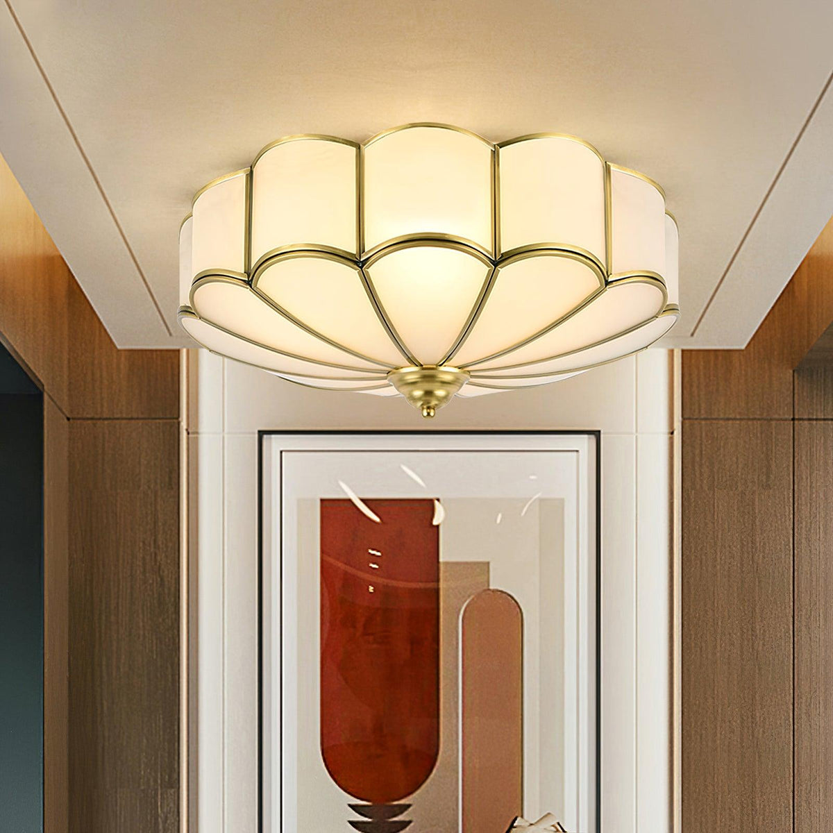 Flush Mount Glass Shade Fixture with Brass Frame Round Design for Entryway Kitchen Bedroom Ambient Overhead Lighting Home Décor
