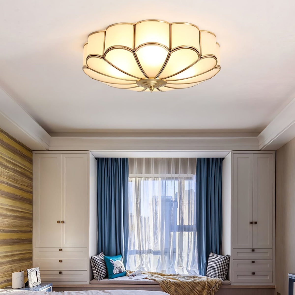 Gold Flush Mount Light Fixture Round Glass Shade Brass Frame Diffused Glow for Entryway Dining Room Bedroom LED Compatible Multi-Bulb