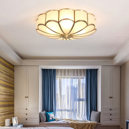 Gold Flush Mount Light Fixture Round Glass Shade Brass Frame Diffused Glow for Entryway Dining Room Bedroom LED Compatible Multi-Bulb