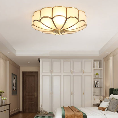 Flush Mount Glass Shade Fixture with Brass Frame Round Design for Entryway Kitchen Bedroom Ambient Overhead Lighting Home Décor