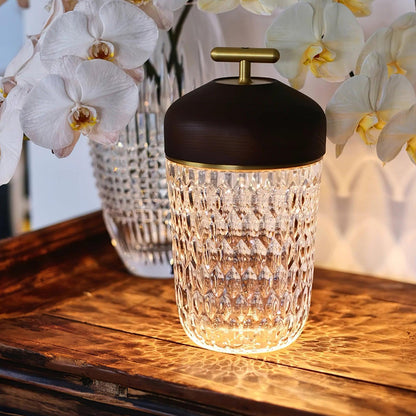 Rechargeable Crystal Desk Lamp with Wood Accents & USB Port – 11 in Cordless LED Reading Light for Nightstand, Office, Bedroom, Patio
