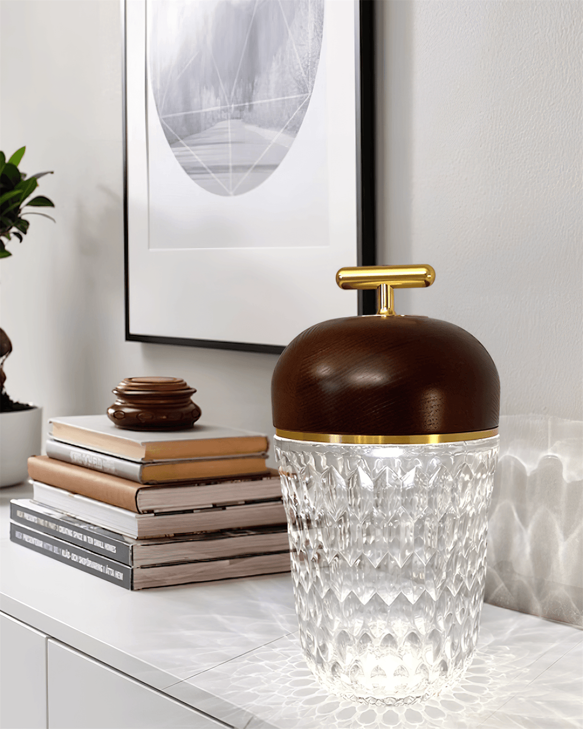 Rechargeable Crystal Desk Lamp with Wood Accents & USB Port – 11 in Cordless LED Reading Light for Nightstand, Office, Bedroom, Patio