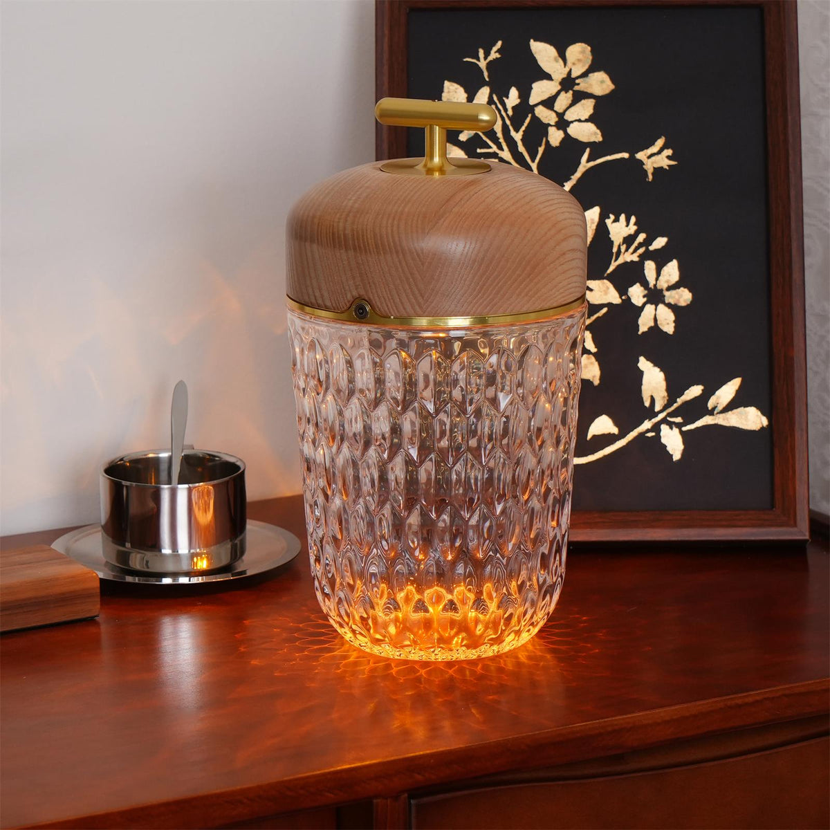 Rechargeable Crystal Desk Lamp with Wood Accents & USB Port – 11 in Cordless LED Reading Light for Nightstand, Office, Bedroom, Patio