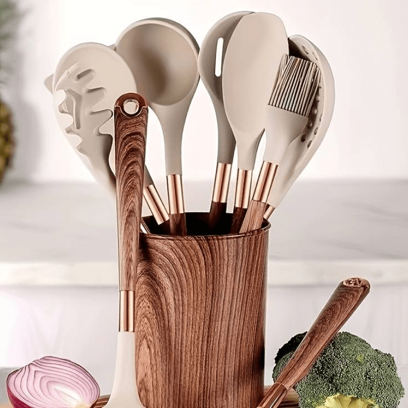 Cooking Utensil Set 10-Piece Heat Resistant Silicone Tools Non-Stick Safe Ergonomic Wood Grain Handles for Baking Serving Everyday Kitchen U