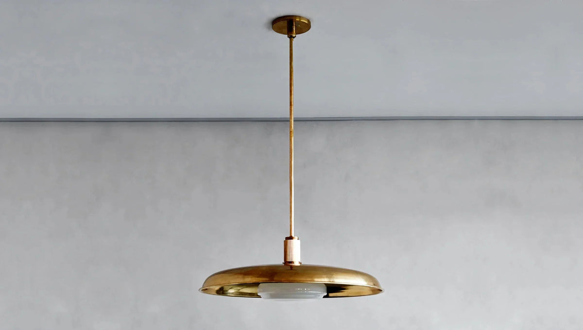 Hand-Spun Brass Pendant Light with Handblown Glass Shade in 5 Finishes – 16, 24 or 34 Inch Round Ceiling Light for Dining Room Kitchen