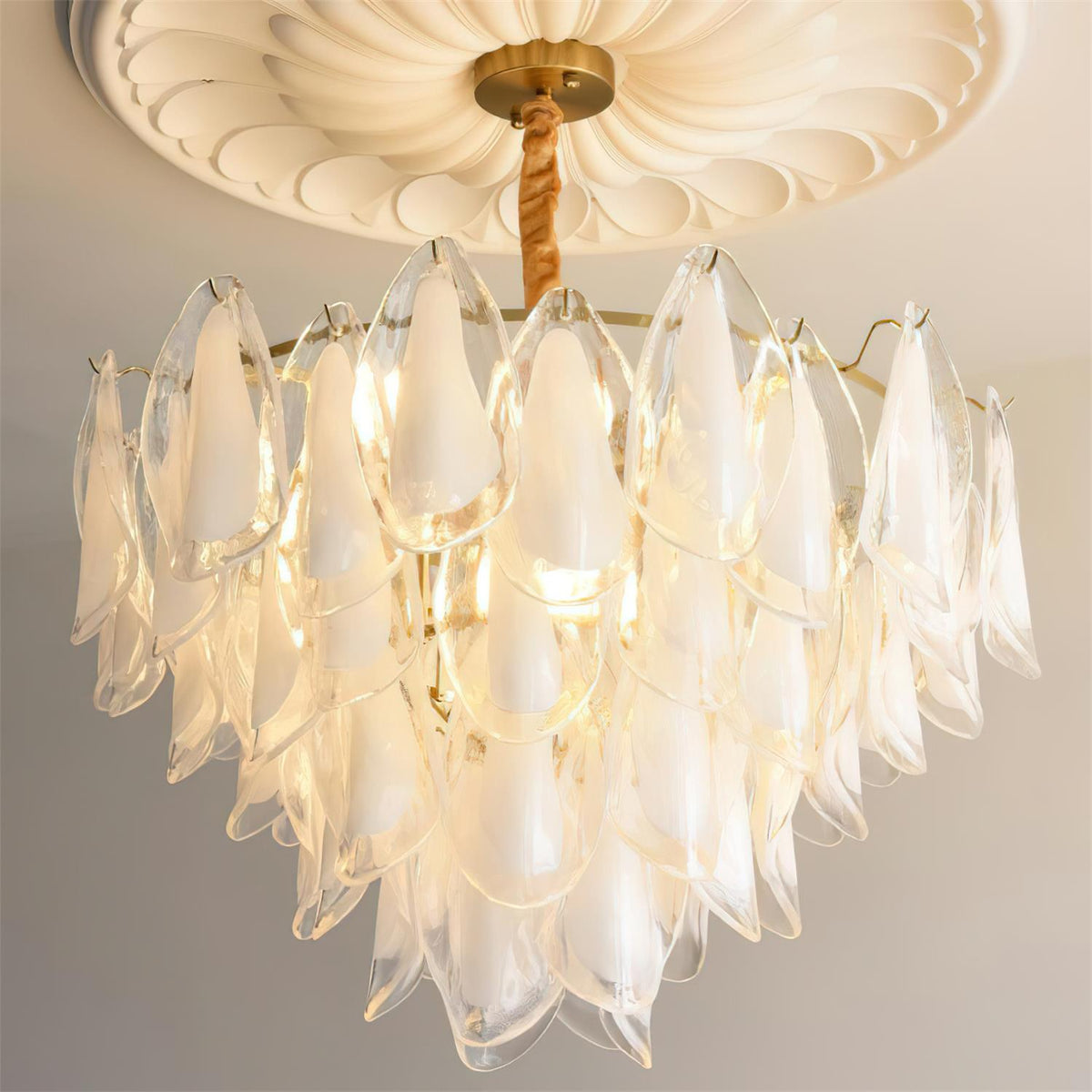 Tiered Glass Petal Ceiling Light Gold Metal Frame for Dining Rooms Living Rooms Foyers Adjustable 20-39 Inch Multi-Level Ambient Fixture