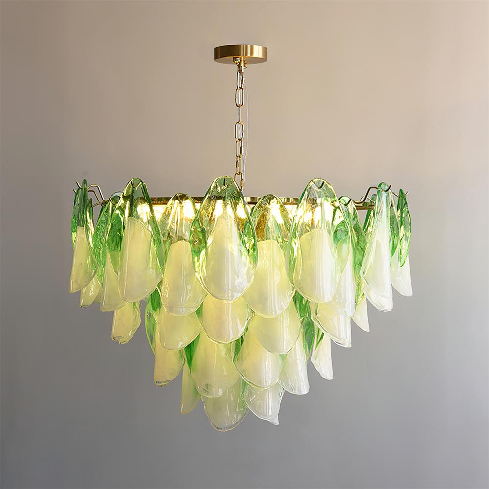 Tiered Glass Petal Ceiling Light Gold Metal Frame for Dining Rooms Living Rooms Foyers Adjustable 20-39 Inch Multi-Level Ambient Fixture