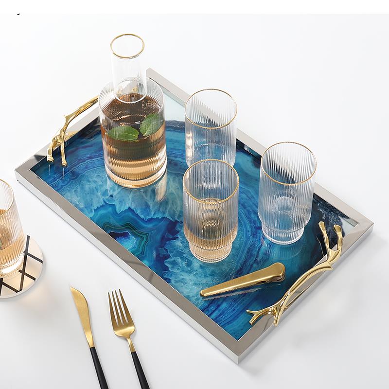 Glass Decorative Tray with Agate Design – 16-Inch Round & Rectangular Platter for Dining Room, Coffee Table, Vanity Display