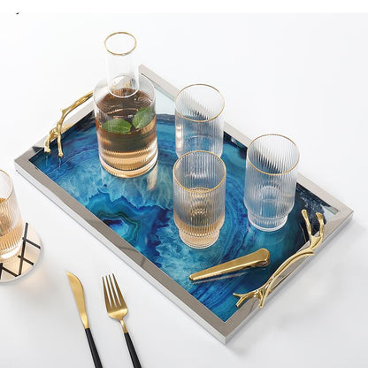 Decorative Serving Platter with Natural Stone Pattern Gold Silver Finish Coffee Table Centerpiece for Living Room Dining