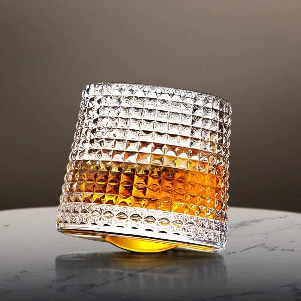 Rotating Crystal Tumbler Set Lead-Free 6.3 in Tall Rocks Glass for Scotch Bourbon Cocktails Home Bar Glassware Unique Swirl Base Design Gift