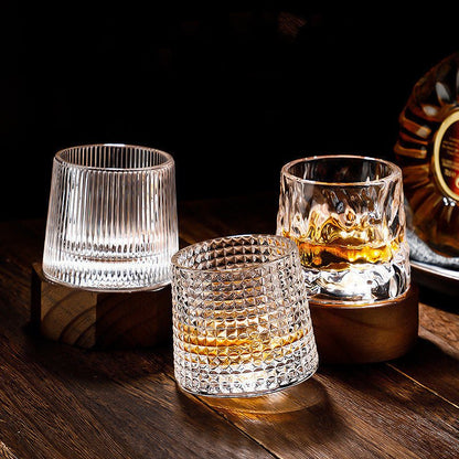 Rotating Crystal Tumbler Set Lead-Free 6.3 in Tall Rocks Glass for Scotch Bourbon Cocktails Home Bar Glassware Unique Swirl Base Design Gift