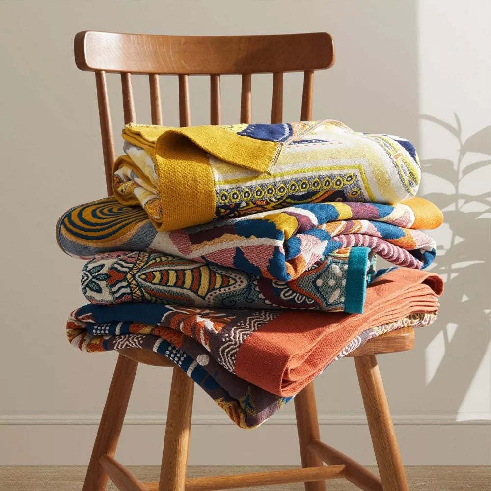 All-Season Cotton Throw Blanket with Woven Sunburst Design for Couch Bed Sofa Living Room Bedroom Travel Lightweight Breathable 59x79