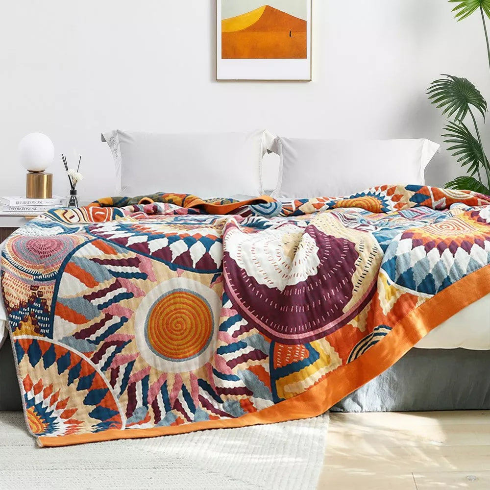 All-Season Cotton Throw Blanket with Woven Sunburst Design for Couch Bed Sofa Living Room Bedroom Travel Lightweight Breathable 59x79