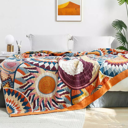 All-Season Cotton Throw Blanket with Woven Sunburst Design for Couch Bed Sofa Living Room Bedroom Travel Lightweight Breathable 59x79