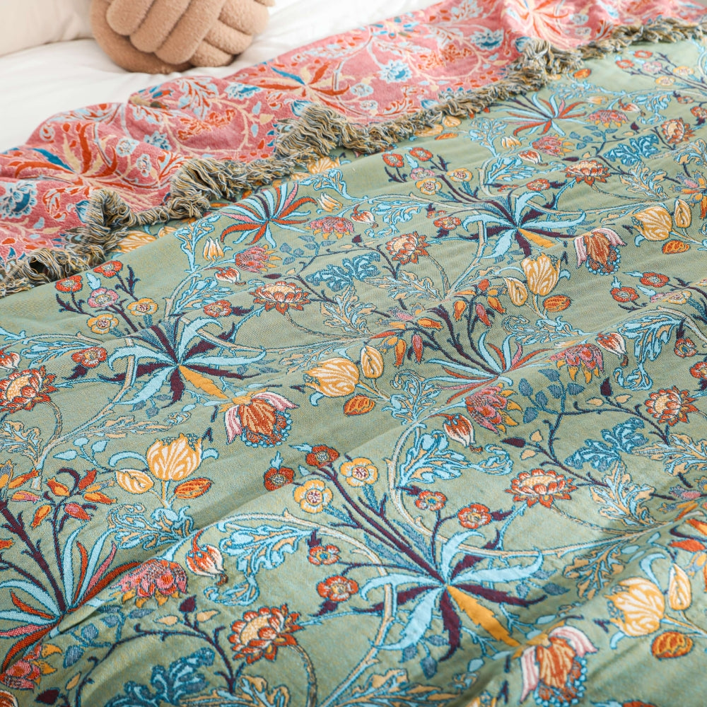 Reversible Cotton Throw Blanket with Tassels - Jacquard Floral Bedspread for Couch, Sofa & Bed - 100% Breathable Woven Fabric - 79x91 in