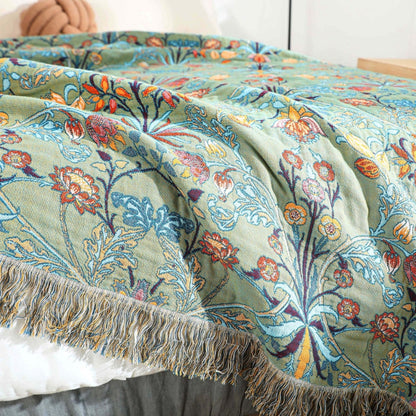 Reversible Cotton Throw Blanket with Tassels - Jacquard Floral Bedspread for Couch, Sofa & Bed - 100% Breathable Woven Fabric - 79x91 in
