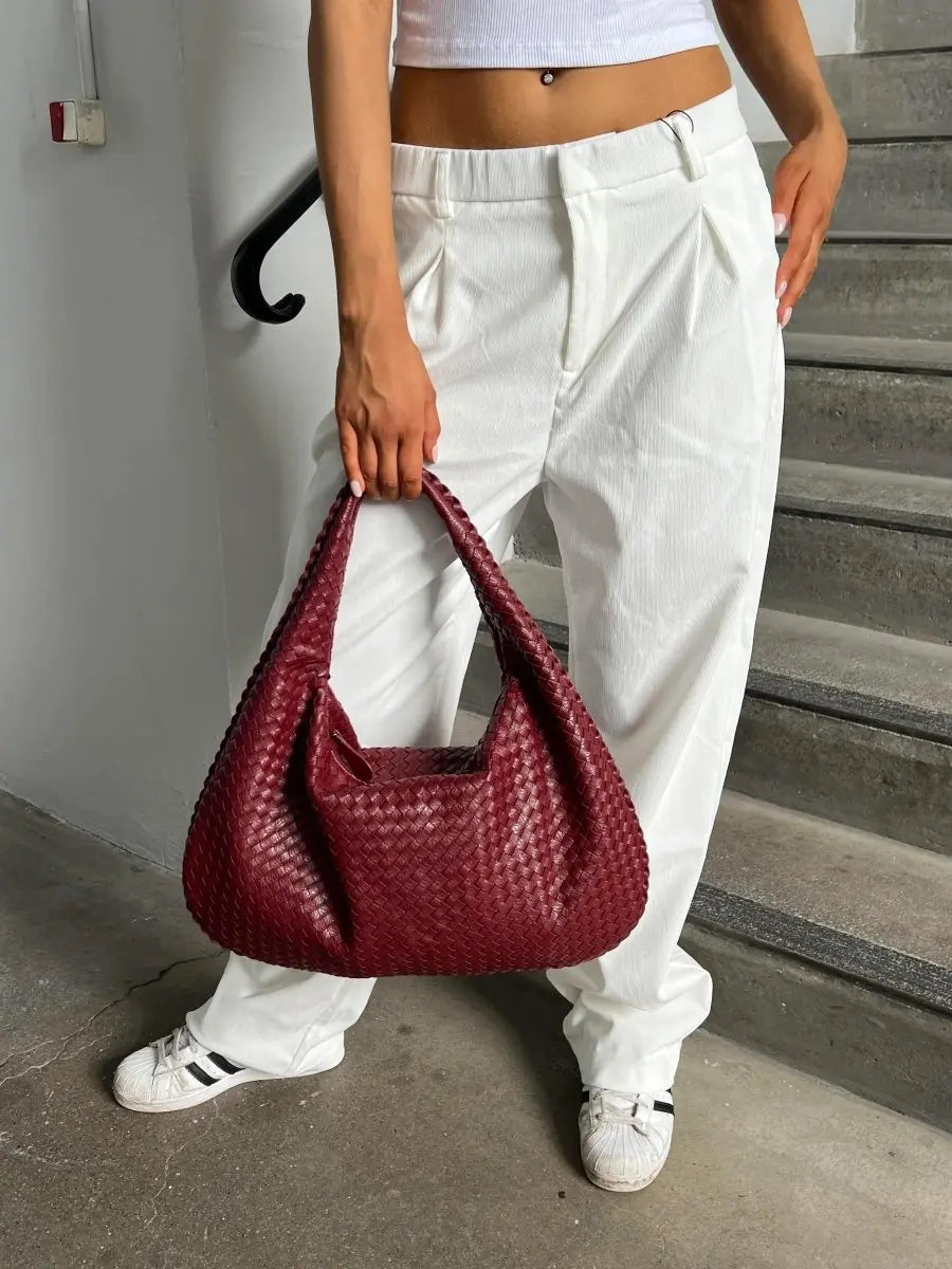Woven Leather Hobo Shoulder Bag for Women - Soft Genuine Leather Everyday Purse with Zip Closure - Lightweight 19 in Tote for Daily Use