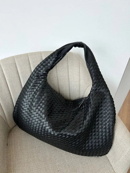 Woven Leather Hobo Shoulder Bag for Women - Soft Genuine Leather Everyday Purse with Zip Closure - Lightweight 19 in Tote for Daily Use