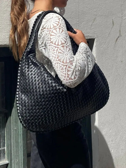 Woven Leather Hobo Shoulder Bag for Women - Soft Genuine Leather Everyday Purse with Zip Closure - Lightweight 19 in Tote for Daily Use