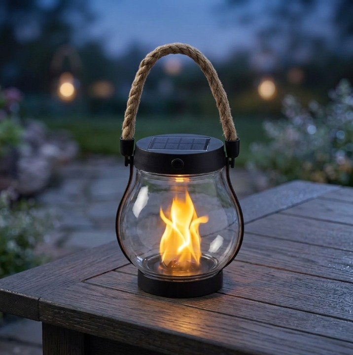 Rechargeable Flickering Flame Lantern for Outdoor Spaces — Cordless LED Pathway Light with Auto Dusk Sensor & Braided Handle for Patio, Deck