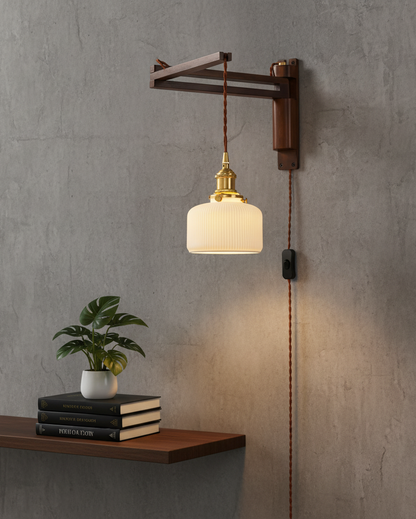 Swing-Arm Sconce with Wood & Brass Construction – Adjustable Directional Lighting for Bedroom, Reading Nook, Hallway – Multiple Shade Styles