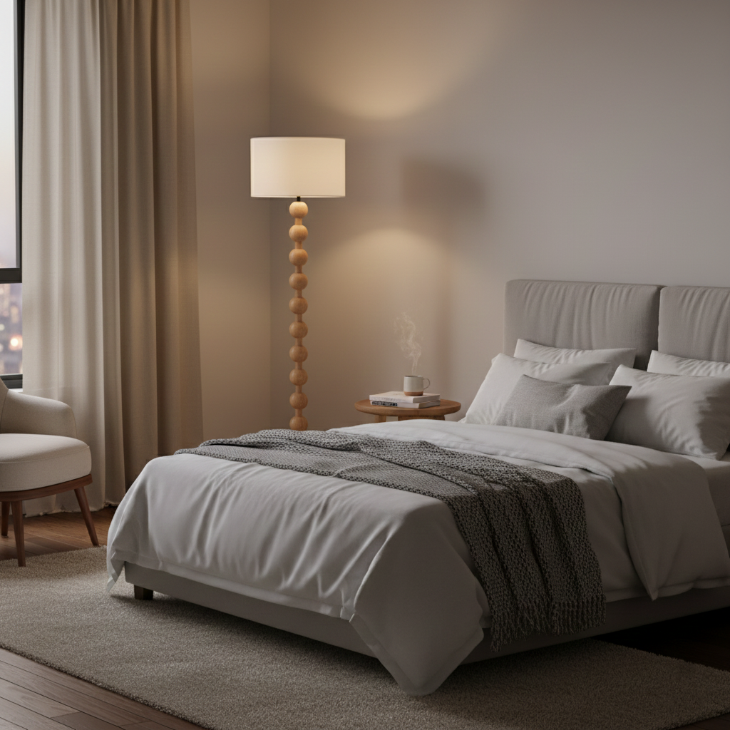 Lampadaire haut avec abat-jour blanc, 160 cm, base en bois naturel, éclairage d'appoint à intensité variable pour chambre, salon, coin lecture, décoration moderne