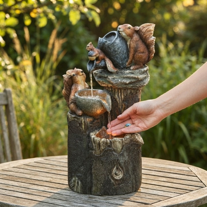 Solar Tabletop Water Fountain with Animal Figurine & LED Light for Patio Garden Deck Outdoor Decor Desktop Accent