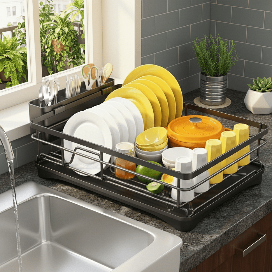 Countertop Dish Rack with Drain Tray & Utensil Holder – Space-Saving Kitchen Organizer for Plates, Bowls & Cutlery