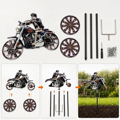 Skeleton Biker Wind Spinner Garden Stake Metal Chopper Motorcycle Lawn Ornament Outdoor Yard Art Halloween Decoration Spinning Wheels for