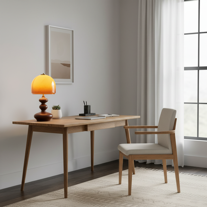Wooden Desk Lamp with Amber Glass Shade 10 in × 20 in for Nightstand Bedroom Office Cozy Reading Light