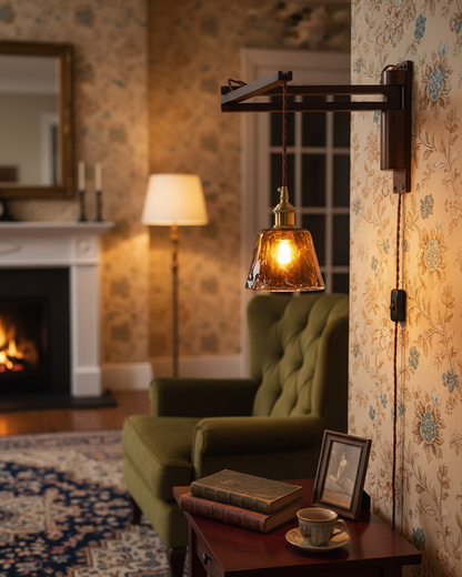 Swing-Arm Sconce with Wood & Brass Construction – Adjustable Directional Lighting for Bedroom, Reading Nook, Hallway – Multiple Shade Styles