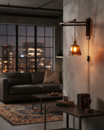 Swing-Arm Sconce with Wood & Brass Construction – Adjustable Directional Lighting for Bedroom, Reading Nook, Hallway – Multiple Shade Styles